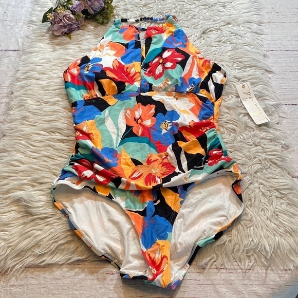 NWT Anne Cole High Neck Keyhole Floral One Piece Swimsuit sz 14 - Picture 2 of 14